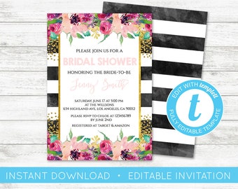 EDIT YOURSELF, Kate Bridal Shower Invitation, Black White Striped Invitation, Black and Pink Invitation, Spade Shower Gold Glitter Templett