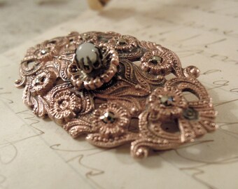 Vintage / Antique Edwardian Oval Copper Pin / Edwardian Brooch / Rhinestones / Faux Pearl / Flower Design