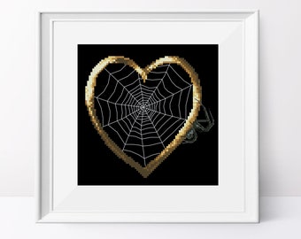 Heart with spider cross stitch pattern Golden heart pdf pattern Spider cross stitch chart Halloween cross stitch design Halloween love pdf
