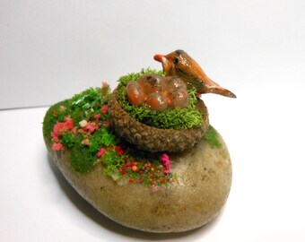 Bird and Bird Nest on a Rock-OOAK-Bird Nest-Bird-Eggs