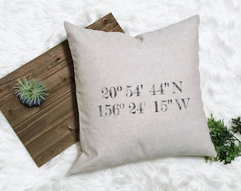 GPS Coordinate Pillow - Coordinates Decor - Latitude Wedding Longitude Pillow Latitude Engagement - Honeymoon Memento - New Farmhouse Pillow