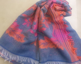 Indigo Textured All Over Floral Jacquard Pattern Cotton Stole