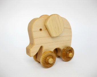 Wooden Toy Elephant Push Toy, natural wood toy