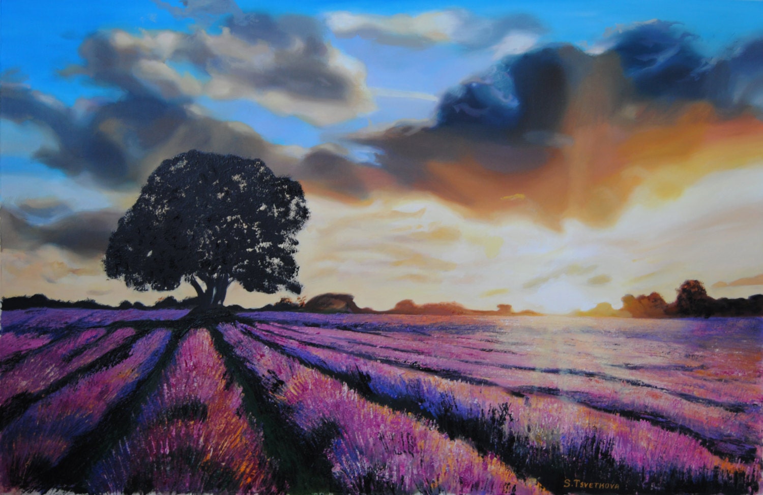 Lavender field Landscape painting Canvas paintingTree