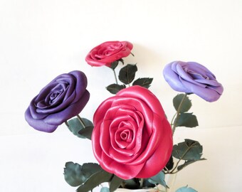 Red Leather Roses Bouquet,3rd Anniversary Gift,Valentine's Day- Bridesmaid Gift,Leather Anniversary-Christmas Gift,3 roses- Long Stem rose