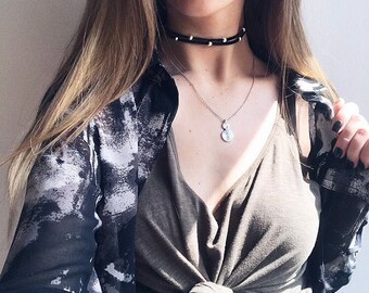 Double layer silver beaded black suede choker necklace