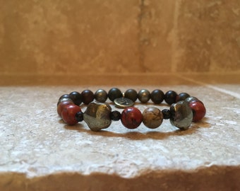 Jasper, pyrite & 8 mm black onyx stone bracelet