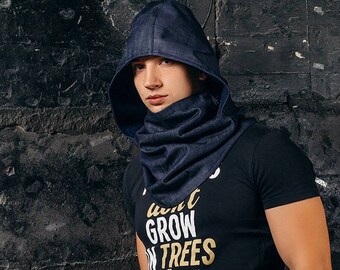 Hooded cowl / Men hooded scarf / Ninja scarf / Denim scarf / Scarf hood / Men winter scarf / unique men scarf / mens scarves / denim cowl