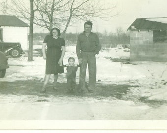 1940s Farm Family Toddler Boy Standing OUtside Snow Winter 40s Vintage Photograph Black White Photo