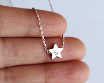 Tiny Silver star necklace, mini Rhodium Plated star necklace, hand stamp initial, Bridesmaid, friendship, girlfriend boyfriend necklace gift