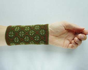 Moss green, brown and cream beaded wrist warmers/ knitted wristlets with beads / woollen cuffs – ready to ship
