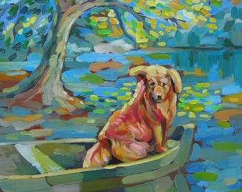 Picture Art Original Oil Painting River boat dog summer