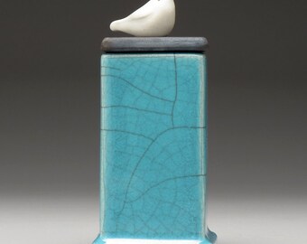 Ceramic box, Bird ,white, black, ceramic Raku Fired Box, handmade treasure box,home decor
