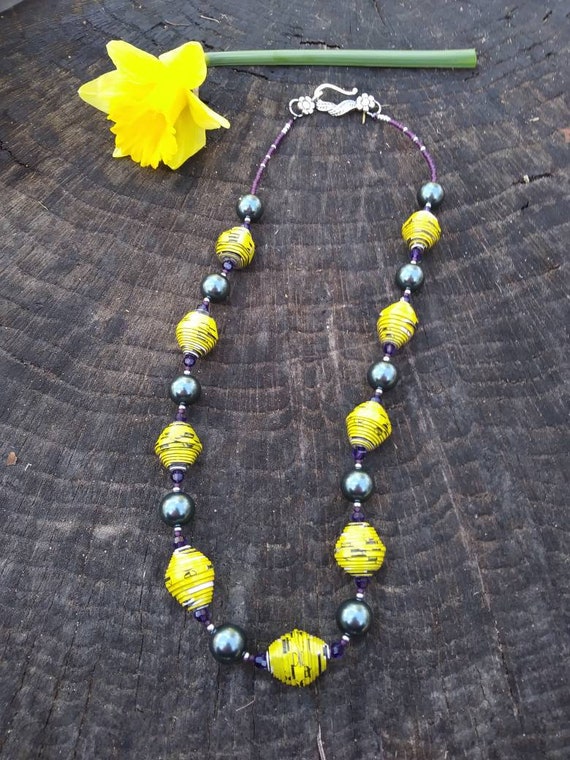 Yellow, purple and blue necklace/ paper and pearl necklace