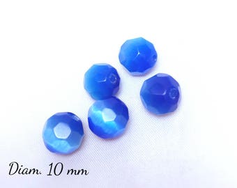 5 glass beads faceted - 10 mm - blue Caribbean cat - eye