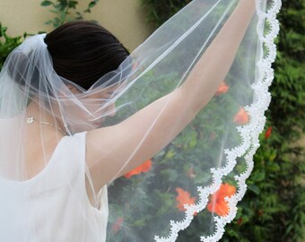Two Tier Wedding Veil, Lace Wedding Veil, Scallop Lace Veil, Fingertip Veil with Blusher -Lace Bridal Veil, Lace Fingertip Veil Blusher Veil