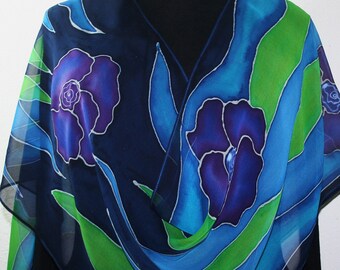 Purple, Blue, Green Silk Scarf Hand Painted Chiffon Silk Shawl PURPLE BOUQUET, in 2 SIZES. Handmade Birthday Gift, Gift-Wrapped