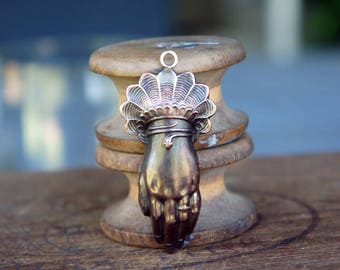 Vintage French Brass Stamping/Antique Style/Cuffed Ladies Victorian Hand/Snake Serpent Bracelet/French Findings/Black Patina Pendant Option
