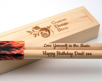 Personalised drum sticks 5A, high quality maple wood, custom bespoke unique present and optional gift box