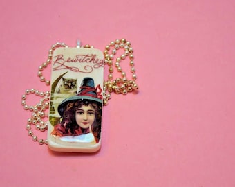 Bewitched WITCH & owl HALLOWEEN Domino Pendant necklace #b