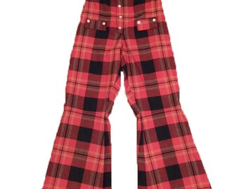 Vintage 1960's Wool Flare Trousers Glam Pants Plaid Retro High Waisted Tartan Bell Bottoms