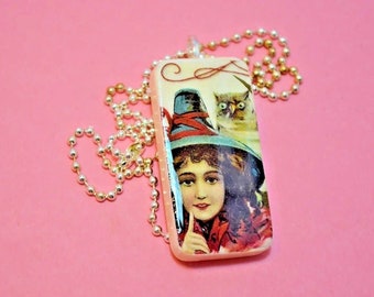 WITCH & owl HALLOWEEN Domino Pendant necklace
