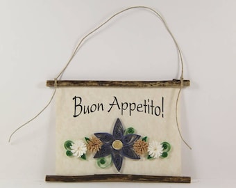 Buon Appetito, Paper Quilled Italian Kitchen Sign, 3D Paper Quilled Banner, Blue Tan White Decor, Italy Gift, Have a Good Meal Kitchen Art