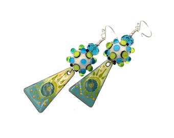 Enamel Earrings, Green Blue Earrings, Lampwork Earrings, Long Drop Earrings, Drop Earrings, Artisan Earrings, Lampwork Glass Bead Jewelry