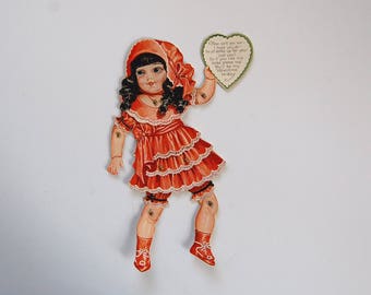 Vintage Valentine Card, Articulated Paperdoll Valentine Card, Mechanical Doll Card