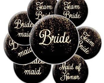 16 Team Bride Buttons - Black and Gold Glitter Team Bride - Black and Gold Bridal Buttons - Bachelorette Party Buttons