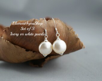 Set of 3 Bridesmaid earrings, SALE, Swarovski coin crystal pearl earrings, Ivory earrings, white pearl earrings, Bridesmaid gift, bridal