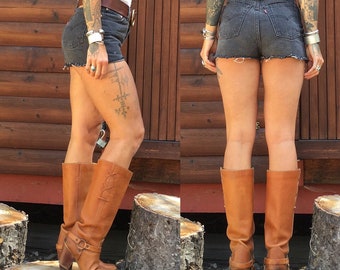 6 Zodiac Harness boots western O ring boots cognac tan caramel warm brown 70s 1970s 6.5 6 1/2 36 37 tall knee high stacked heel real leather