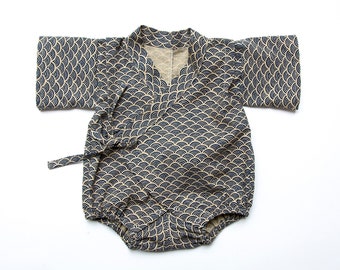 Baby kimono, romper, wave, traditional japanese pattern, baby boy onesie, kawaii bodysuit, baby jinbei, gender neutral baby clothes