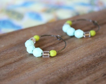 charteuse, mint, champagne czech glass hoop earrings