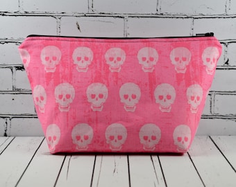 Pink Skull Make Up Bag, Gothic Makeup Bag, Cosmetic Bag, Skull Bag, Toiletry Bag, Zip Pouch, Goth Bag.