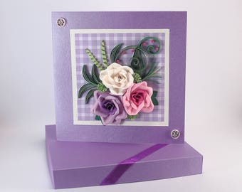 Quilled birthday card - Handmade Paper Roses Lilac Lavender Pink - Gentle and Beautiful Quilling Card with paper roses for mom sister