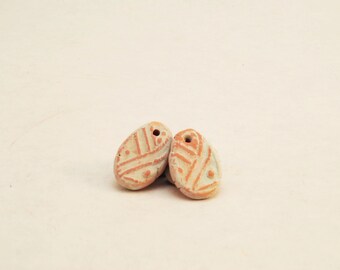 Rustic earring beads, ceramic earring beads, pottery beads for earrings, brown and light green beads, rustic earrings beads, primitive beads