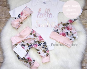 Baby Girl Coming Home Outfit Organic Hello World Outfit Newborn Girl Outfit Personalized Outfit Baby Girl Clothes Pink Floral Euro Print