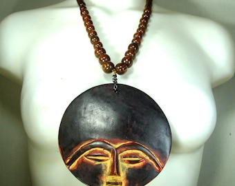 HUGE Carved African Mask Pendant on Graduated Striped Wood Bead Necklace, OOAK by Rachelle Starr