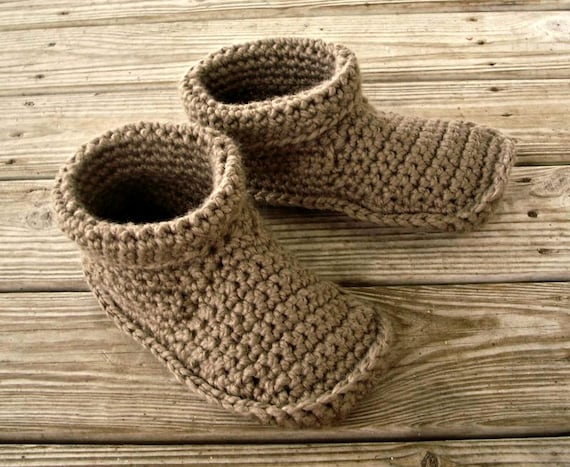 Crocheted Slippers Mens Crochet Slippers in Taupe Mens