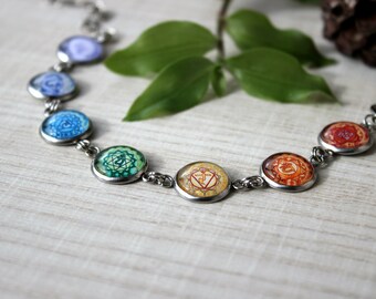 Seven Energy Levels Chakra Bracelet | Silver Tone Bracelet | Hindu Jewelry | Yoga | Spiritual Icon | Rainbow Jewelry