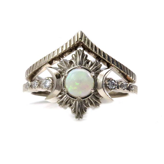Opal Moon Fire Engagement Ring Set - Triple Moon Goddess Celestial Wedding Jewelry