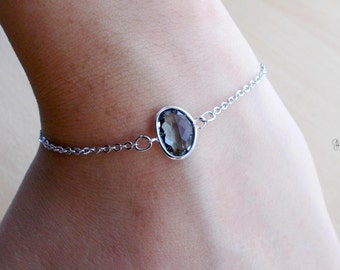 Minimal Silver Dark Grey Crystal Bracelet - Dainty Simple Delicate Minimalist Chain Bracelet - Wedding Bridal Bridesmaids Maid of Honor Gift