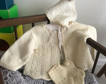 Vintage hand knit baby sweater set 1940s booties hat soft wool croqueted Dainty
