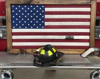 Fire hose flag, framed flag, framed fire hose flag, Hose flag, fire flag