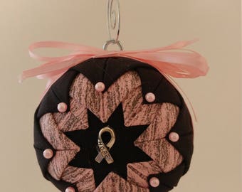 Pink & Black folded fabric ornament with Hope Ribbon decoration