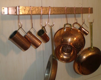 24 W x 5 D x 1-1/2 H Wall Mounted Hammered SOLID COPPER Pot Rack & 8 Pot Hooks - FREE Shipping to U S Zip codes