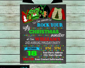 Holiday Christmas Ugly Sweater Party Chalkboard Invitations Invites Office Party Personalized Custom ~ We Print and Mail to You