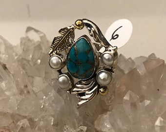 Blue Turquoise and Pearl Ring Size 6