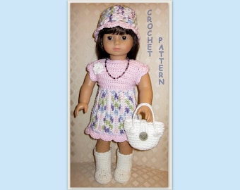 PDF crochet pattern 18 - complete outfit - dress, hat, boots and handbag - fits American Girl or other 18 inch doll
